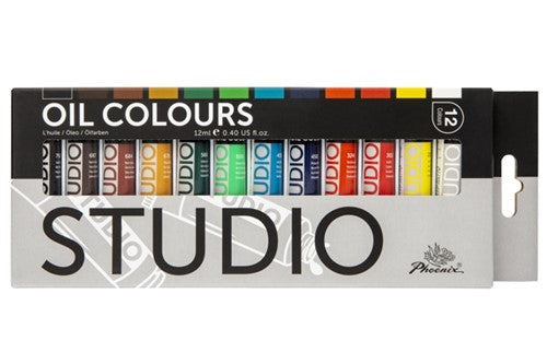 Vibrant 12-set of Phoenix Oil Colours in 12ml tubes, ideal for artists at all skill levels to inspire creativity.