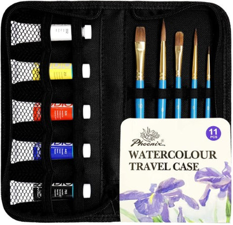 Phoenix Watercolour Travel Set featuring 5 vibrant paints and 5 brushes, all in a durable storage bag for artists on the go.