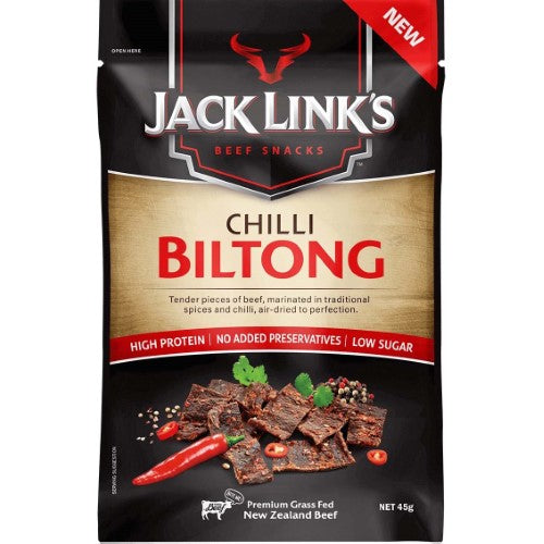 Jack Link’s Biltong Chilli 45g 10 Pack - spicy, protein-packed dried beef snack, perfect for on-the-go enjoyment.