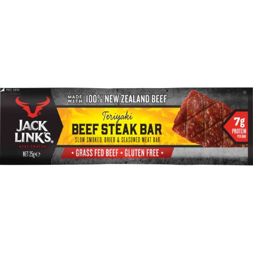 Jack Link's Teriyaki Steak Bar 25g, 12 pack - protein-packed beef snack with sweet and savory teriyaki flavor.