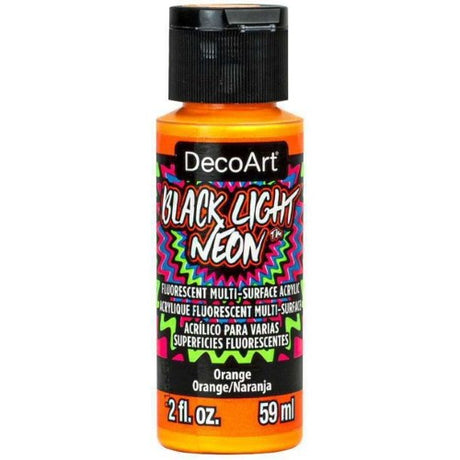 Vibrant 2oz orange neon paint for crafts, glows under black light, ideal for creative projects and decorations.