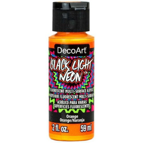 Vibrant 2oz orange neon paint for crafts, glows under black light, ideal for creative projects and decorations.