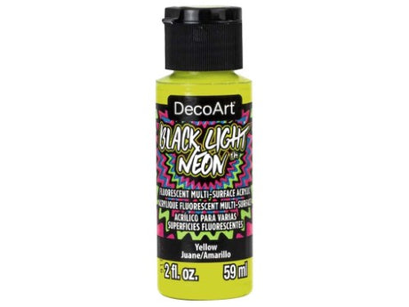 DecoArt Black Light Neon Yellow paint in 2oz, ideal for vibrant crafts and glowing decor under black light.