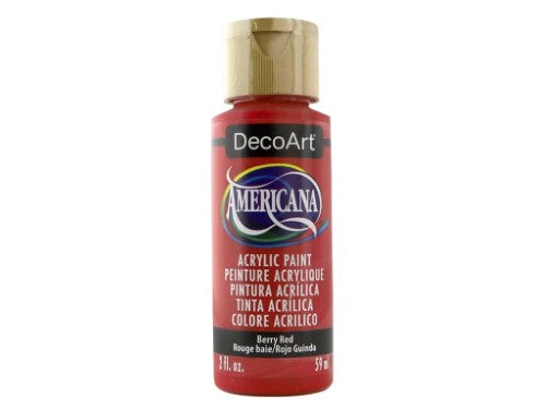 Vibrant Americana 2oz Berry Red acrylic paint, ideal for various surfaces and artistic techniques, with a durable matte finish.