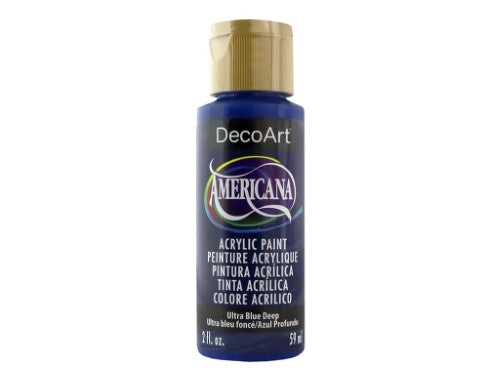 Vibrant Americana Acrylic 2oz Ultra Blue Deep paint, ideal for various surfaces with smooth consistency and matte finish.