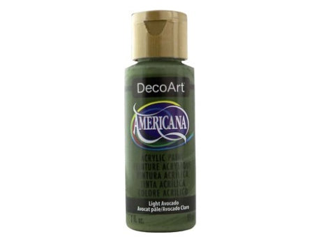 Americana Acrylic 2oz Light Avocado paint in vibrant green, ideal for various surfaces and easy blending for crafts and art.