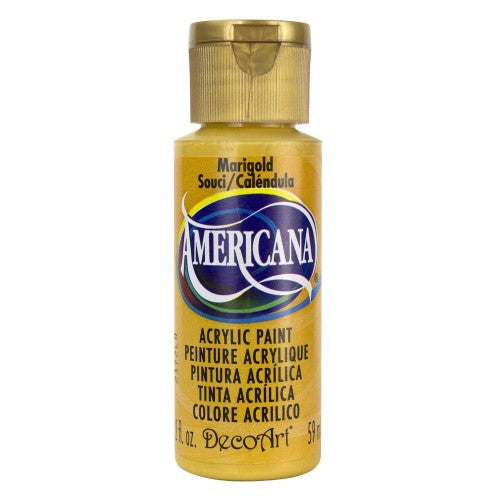 Vibrant Americana Acrylics Marigold paint in a 2oz bottle, perfect for crafts and fine art with superior coverage and matte finish.