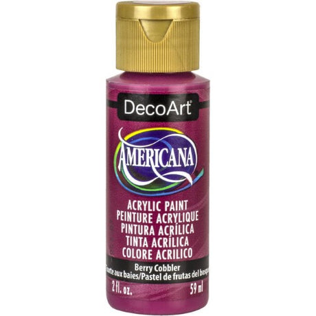 Americana Acrylics 2oz Berry Cobbler paint, vibrant matte finish, ideal for artists; versatile across various surfaces.