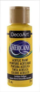 Americana Acrylics 2oz Golden Yellow paint, versatile, vibrant, perfect for various surfaces and creative projects.