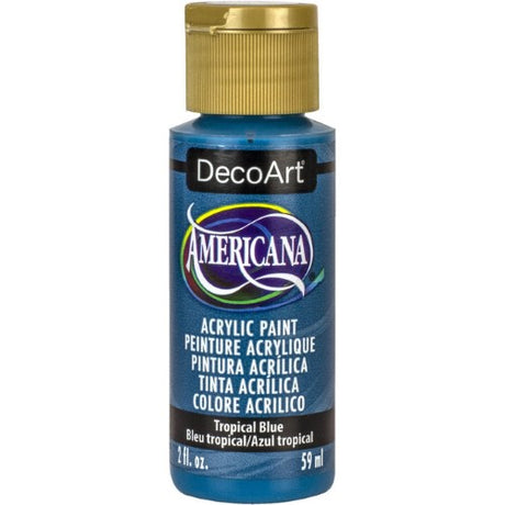 Vibrant Americana Acrylics 2oz Tropical Blue, perfect for painting on various surfaces with superior coverage and matte finish.