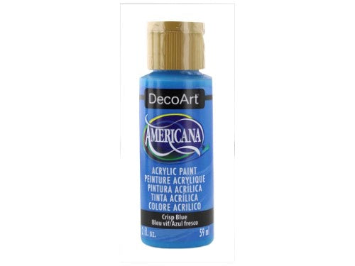 Americana Acrylics 2oz Crisp Blue paint offers vibrant color, durable matte finish, and versatility for various artistic projects.