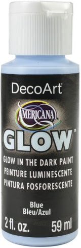 Americana Glow 2oz Glow Blue: vibrant glow-in-the-dark acrylic paint for various surfaces, easy to use, and offers stunning nocturnal effects.