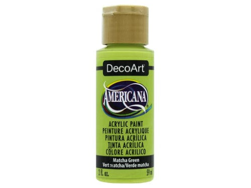 Americana Acrylics 2oz Matcha Green, a versatile paint with durable matte finish, perfect for various artistic projects.