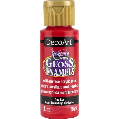 Vibrant Americana Gloss Enamel 2oz True Red paint for multi-surface crafting, featuring a glossy finish and durable, easy application.