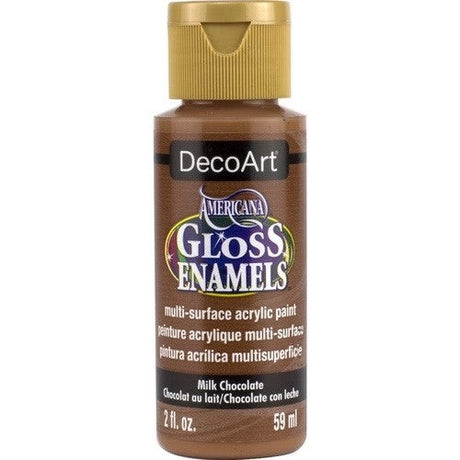 Americana Gloss Enamel 2oz in Milk Chocolate, a versatile, water-based acrylic paint for vibrant multi-surface crafting.