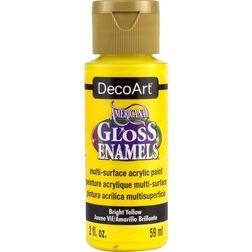 Americana Gloss Enamel 2oz Bright Yellow, a vibrant multi-surface acrylic paint for seamless crafting and durable finishes.