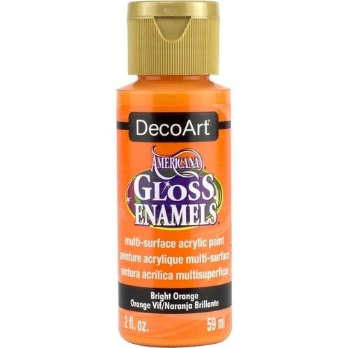 Bright Orange Americana Gloss Enamel paint in a 2oz bottle, ideal for multi-surface projects with a vivid, glossy finish.