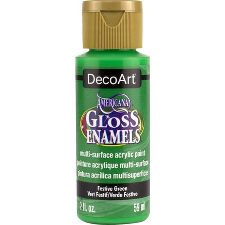 Americana Gloss Enamel 2oz in Festive Green, vibrant acrylic paint for multi-surface crafts with a glossy, durable finish.