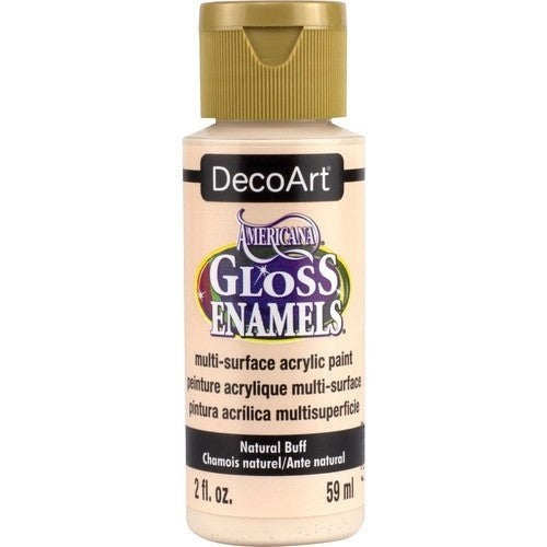 Americana Gloss Enamel 2oz in Natural Buff, multi-surface acrylic paint for vibrant, glossy finishes on various materials.