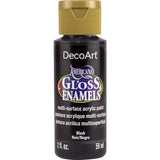 Americana Gloss Enamel in Ebony Black, 2oz, versatile paint for smooth coverage on various surfaces like wood and glass.