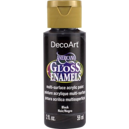 Americana Gloss Enamel in Ebony Black, 2oz, versatile paint for smooth coverage on various surfaces like wood and glass.