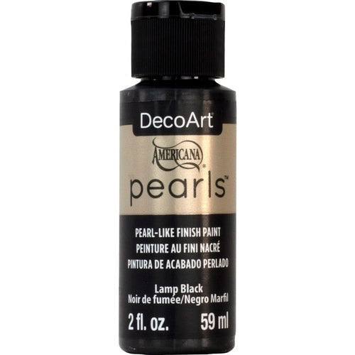 Americana Pearls 2oz Lamp Black acrylic paint, featuring a rich black shade with a stunning pearlescent finish for arts and crafts.