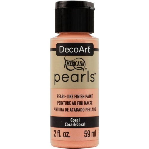 Americana Pearls 2oz Coral paint, showcasing a vibrant coral hue with a soft shimmer for versatile art and craft projects.