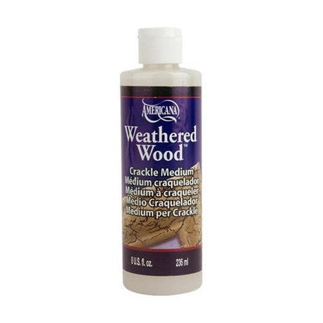 Bottle of DECOART 8oz Weathered Wood Medium for creating aged, cracked finishes on various craft surfaces.