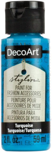 DecoArt Stylin 2oz White fabric paint for versatile projects on leather, synthetic surfaces, and canvas; durable and crack-resistant.