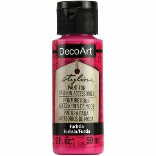 Vibrant 2oz fuchsia acrylic paint for fabric, leather, and canvas, ensuring flexibility and durability in creative projects.