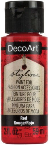 DecoArt Stylin 2oz Red fabric paint for versatile projects on leather, synthetic, and canvas with vibrant, durable color.