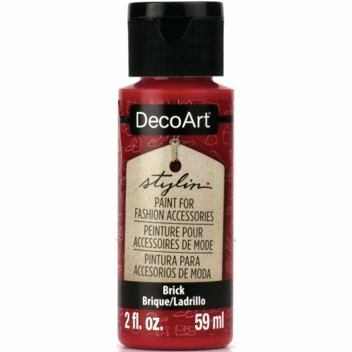 DecoArt Stylin 2oz Brick, a versatile acrylic paint for reviving leather and canvas with durable, flexible coverage.