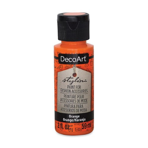 Bright orange 2oz acrylic fabric paint for customizing surfaces like leather and canvas, offering a durable, flexible finish.