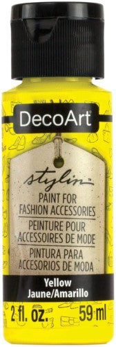 Vibrant 2oz yellow acrylic fabric paint for flexible, durable finishes on leather, canvas, and synthetic surfaces.