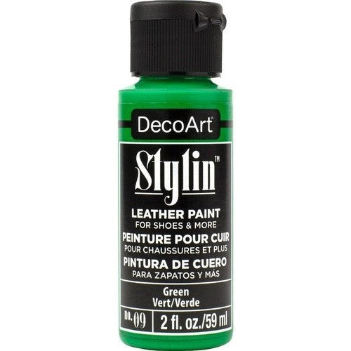 DecoArt Stylin 2oz Green acrylic paint, ideal for revitalizing leather, synthetic, and canvas surfaces with vibrant, durable color.