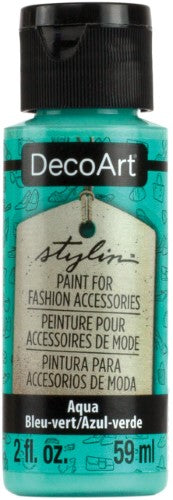 DecoArt Stylin 2oz Aqua bottle featuring versatile multi-surface acrylic paint for easy crafting on leather and canvas.