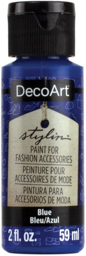 2oz bottle of DecoArt Stylin in Blue, a flexible acrylic paint for custom designs on leather, synthetic materials, and canvas.