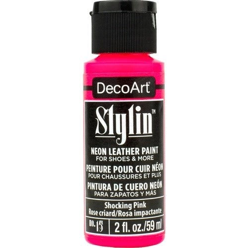 Bright Shocking Pink acrylic paint for revitalizing crafts on leather, synthetic leathers, and canvas surfaces.