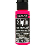 Bright Shocking Pink acrylic paint for revitalizing crafts on leather, synthetic leathers, and canvas surfaces.