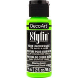 DecoArt Stylin Glowing Green acrylic paint in a 2oz bottle, ideal for enhancing leather and canvas with a durable, flexible finish.