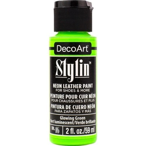 DecoArt Stylin Glowing Green acrylic paint in a 2oz bottle, ideal for enhancing leather and canvas with a durable, flexible finish.