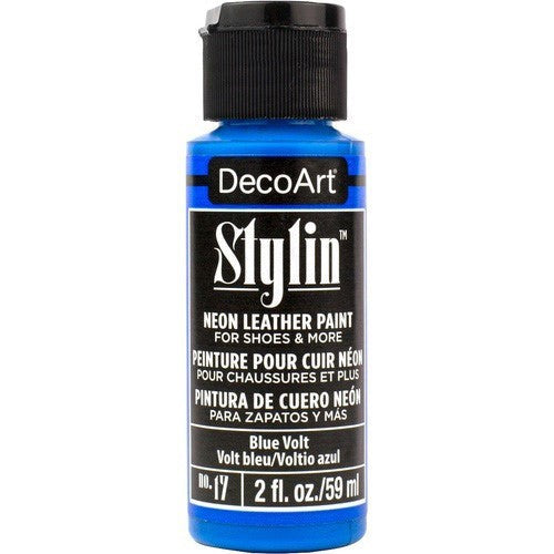 DecoArt Stylin 2oz Blue Volt, versatile acrylic paint for custom leather, canvas, and fabric projects, ensures a flexible, durable finish.