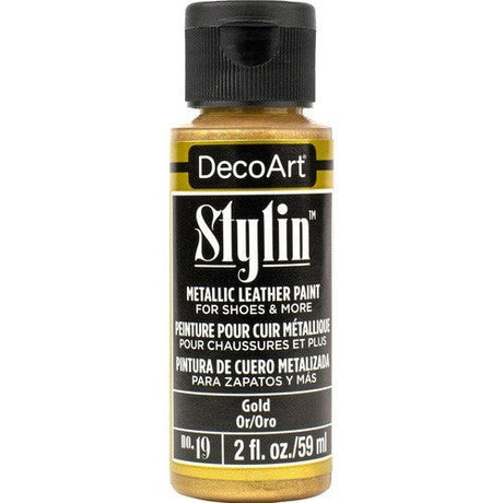 DecoArt Stylin 2oz Gold, a flexible acrylic paint for leather and canvas, offering a durable, vibrant finish for custom designs.