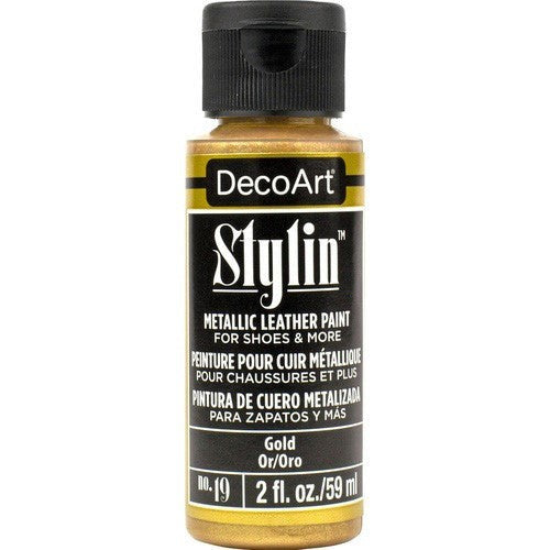 DecoArt Stylin 2oz Gold, a flexible acrylic paint for leather and canvas, offering a durable, vibrant finish for custom designs.