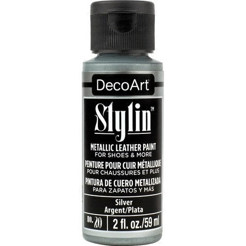 DecoArt Stylin 2oz Silver paint in a tube, ideal for flexible application on leather, canvas, and synthetic surfaces.