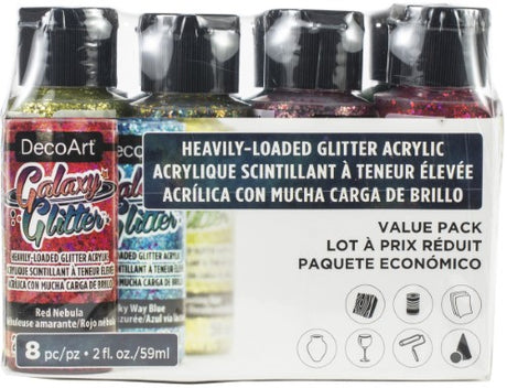 Decoart 8-Pack Galaxy Glitter features vibrant, non-toxic glitter in various sizes for dazzling craft projects.