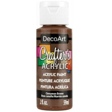 A warm 2oz bottle of water-based Crafters Acrylic paint in Cinnamon Brown, perfect for versatile art projects.