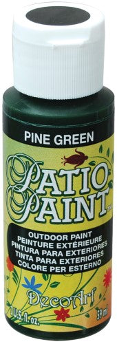 A 2oz bottle of Pine Green acrylic patio paint, perfect for revitalizing outdoor decor with superior adhesion and satin finish.