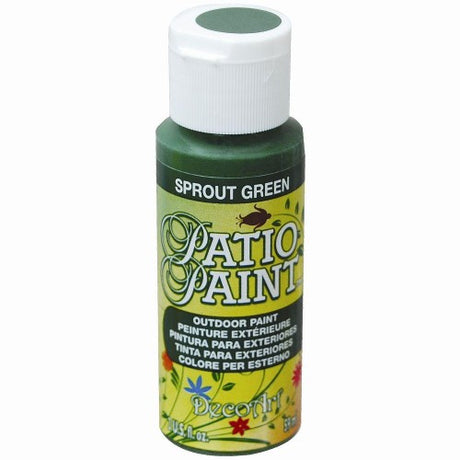 2oz bottle of Sprout Green acrylic patio paint, ideal for outdoor projects with a scuff-resistant satin finish.