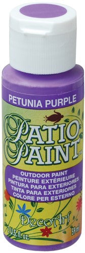 A 2oz bottle of Petunia Purple exterior acrylic paint for vibrant and durable outdoor projects on various surfaces.